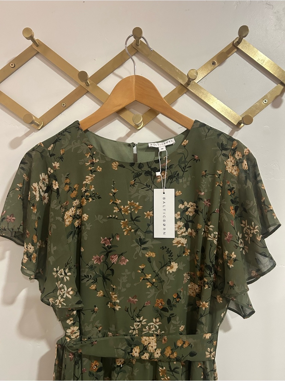 New!!! Baltic Born Olive Green Floral Midi Dress with Tie Waist - Picture 12 of 17